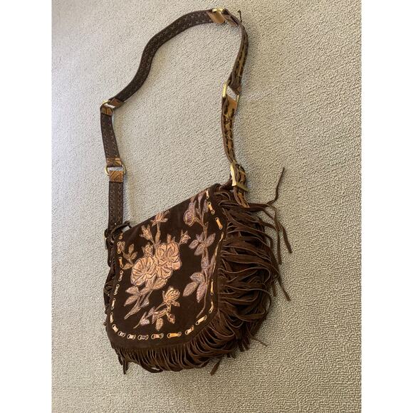 Isabella Fiore Women One Size Brown Suede Fringe Messenger Bag Floral - Picture 9 of 9